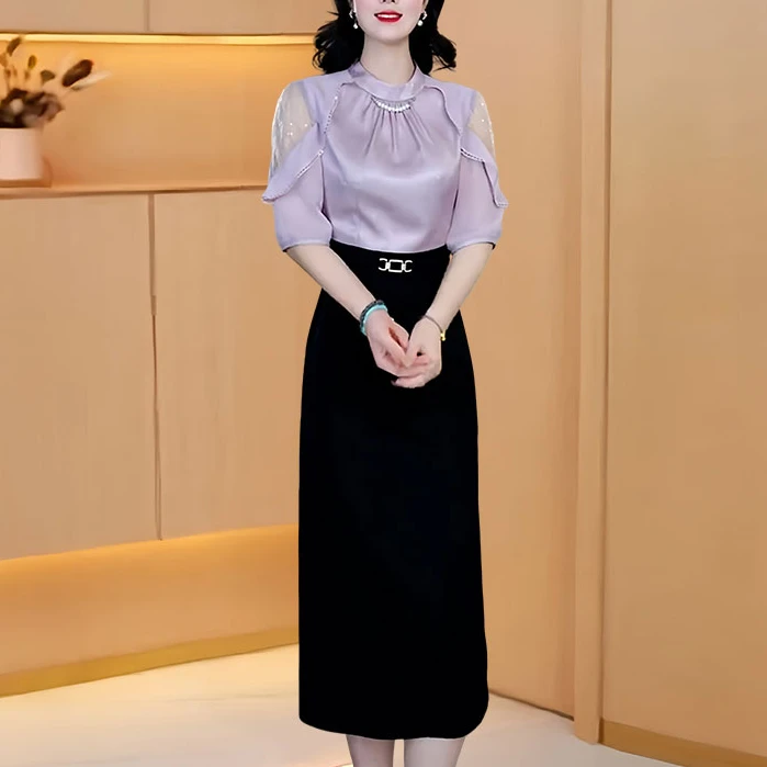 1388#假两件气质连衣裙女2025夏季妈妈装修身显瘦高级感中长裙