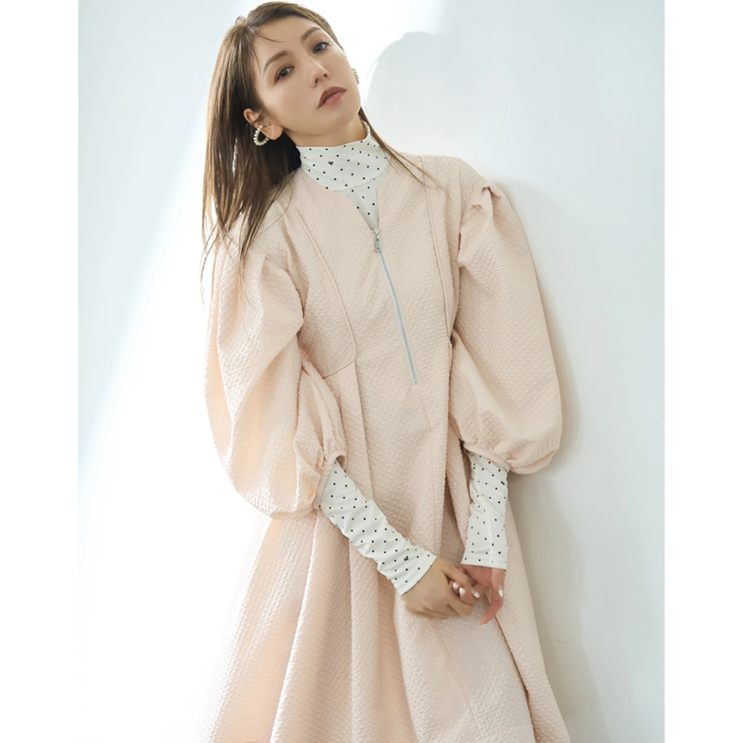 【DD外贸】   气质 C 半拉链泡泡袖A字连衣裙 杂志款