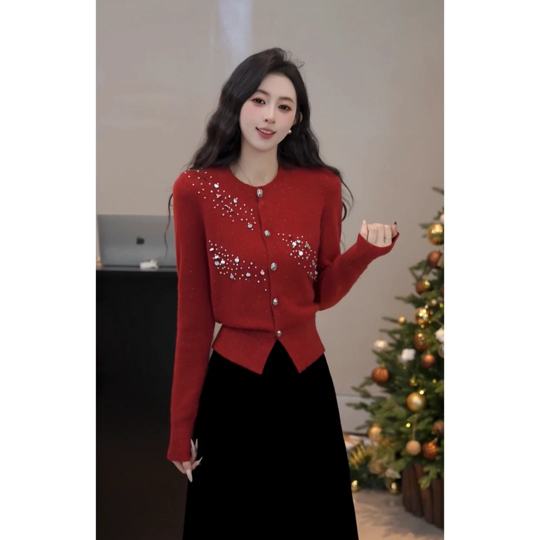 YUANLIANSU/圆脸酥【甜密莓果】法式小众钉珠针织开衫女秋冬