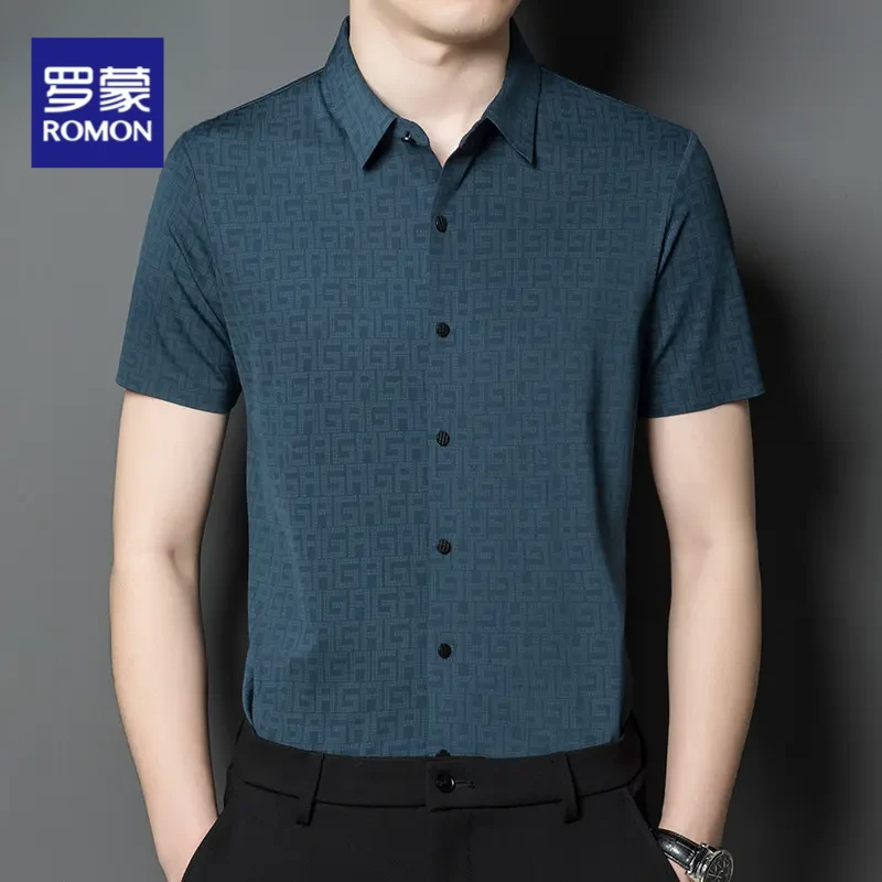 罗蒙夏季薄款冰丝无痕男士商务休闲衬衣抗皱免烫半袖短袖衬衫格子