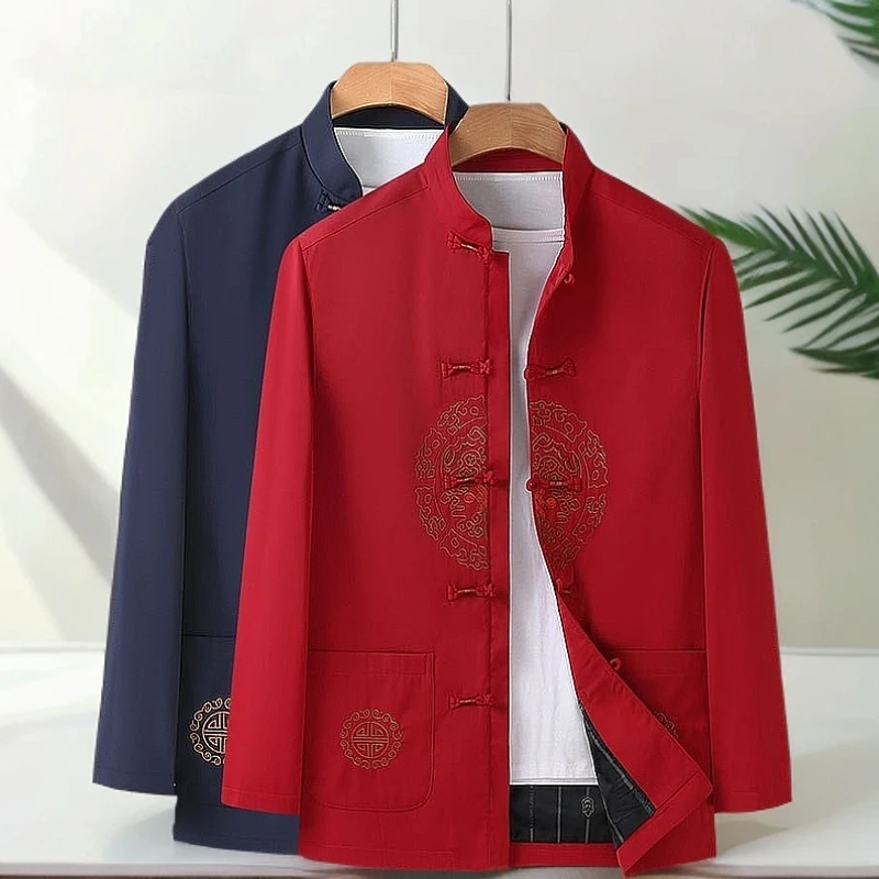 中老年男士春款唐装中国风爸爸外套喜庆宴会服装长袖立领爷爷套装