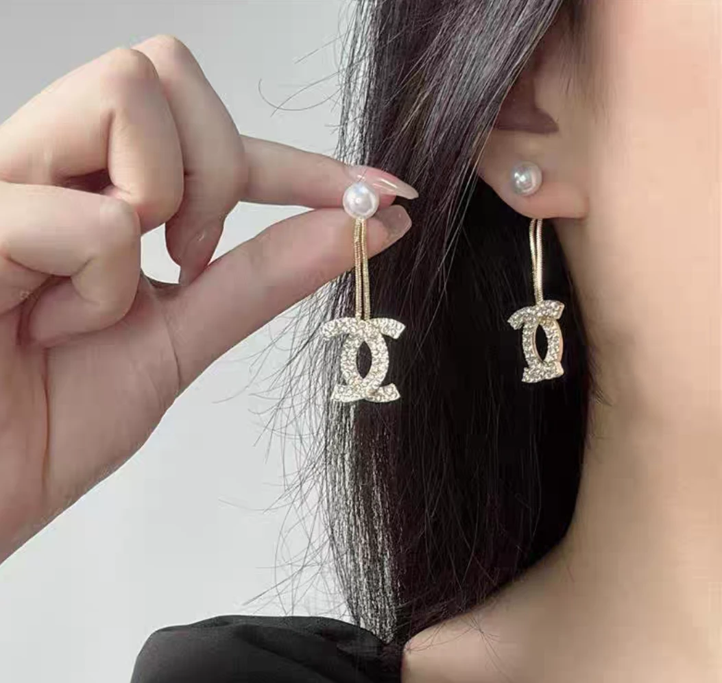 铜合金耳饰 韩式潮流双c字母流苏珠珠耳环时尚气质轻奢爆款耳饰