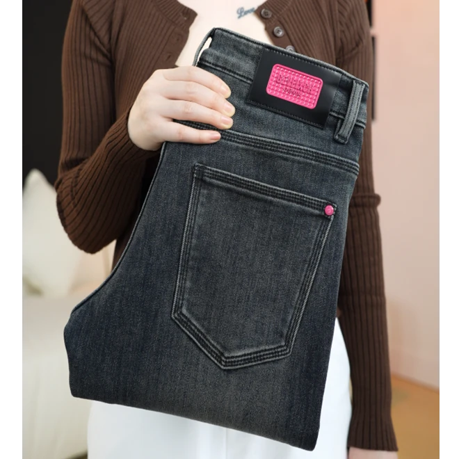 三本针加绒男士牛仔裤秋冬新款时尚潮百搭蓝灰色修身小脚男装长裤