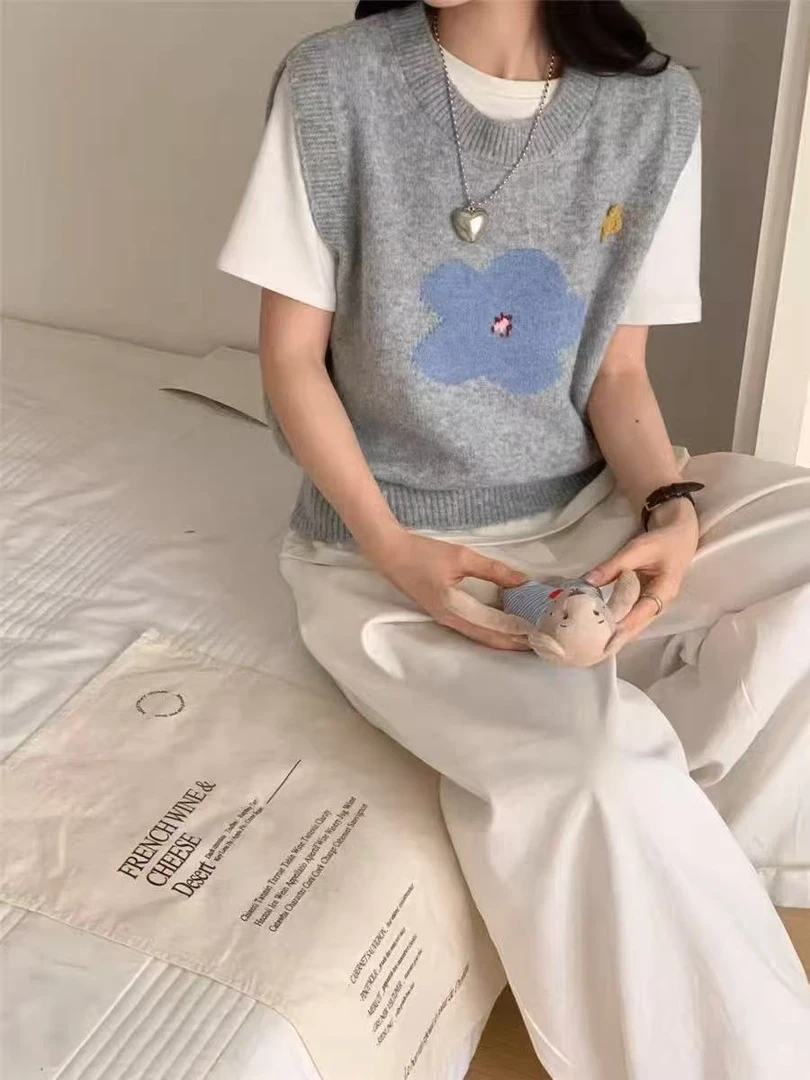 【花花宇宙】圆领套头马甲毛衣针织马甲时尚宽松无袖卡通提花