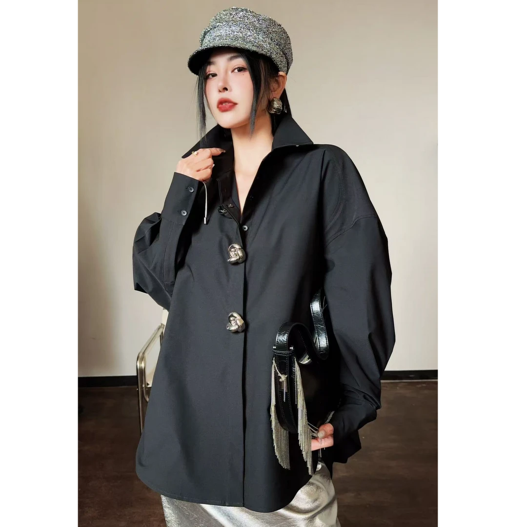 黑色白色衬衫宽松休闲蝙蝠袖衬衣长袖时尚百搭设计感