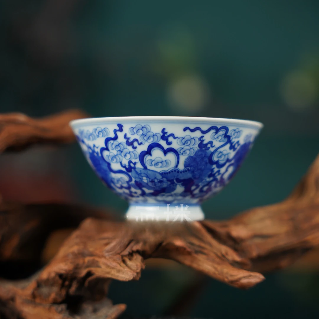 觉山隐窑青花狮子纹撇口杯景德镇陶瓷高端茶具