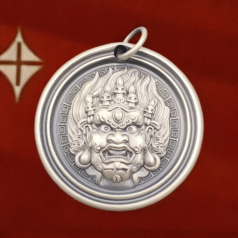 济银 足银银制品 足银9999吊坠大黑天实心做旧古法双面浮雕八宝