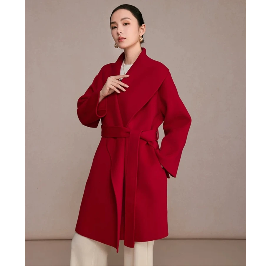 【曼德诗】M426306867山羊绒绵羊毛双面呢收腰大衣