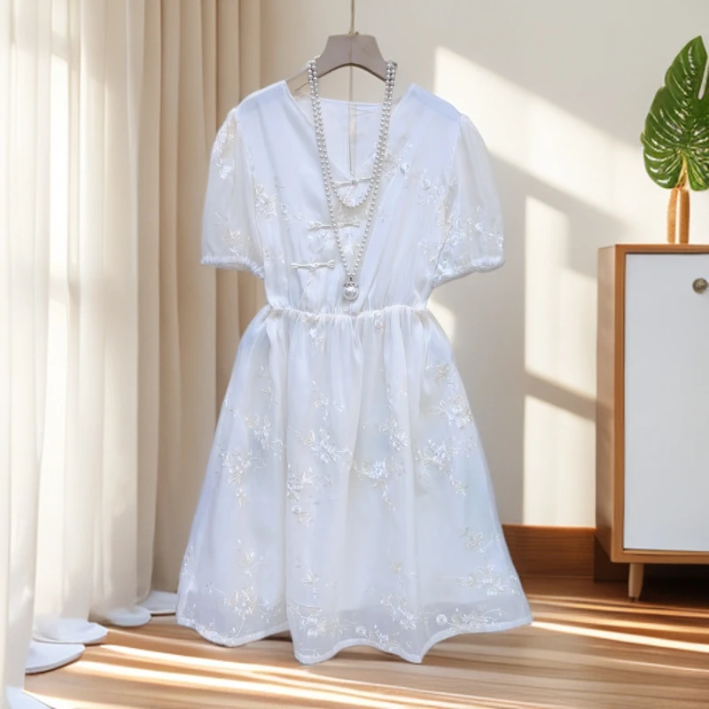 2025夏季新款新中式收腰连衣裙女国风气质改良旗袍显瘦过膝中长裙