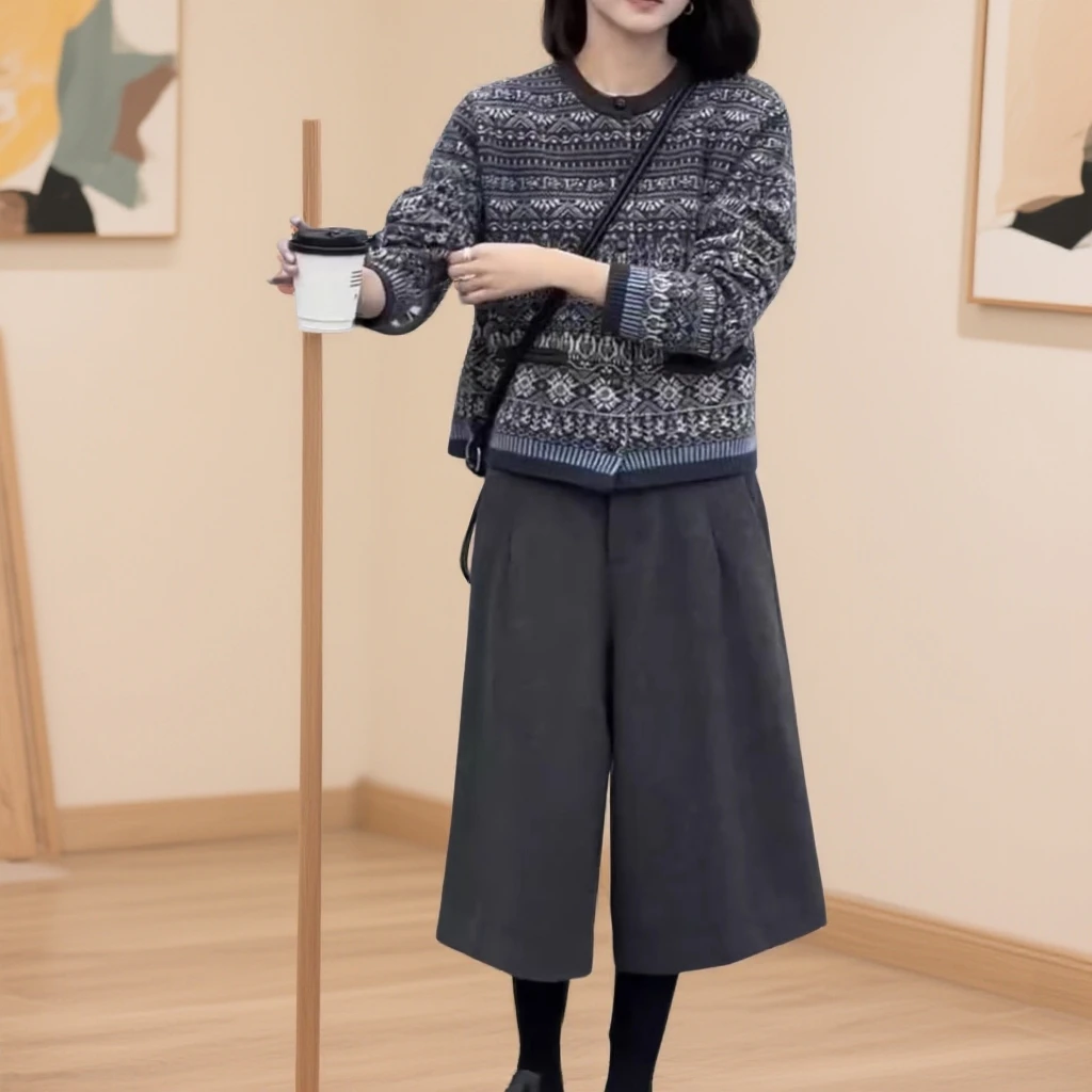 2025秋冬新款针织复古气质时尚长袖印花外套休闲显瘦阔腿裤女潮流