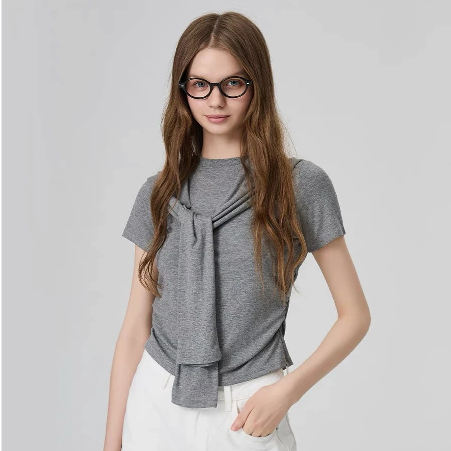 韩系时尚设计感假两件披肩短袖T恤女夏季新款绝美纯色圆领小上衣