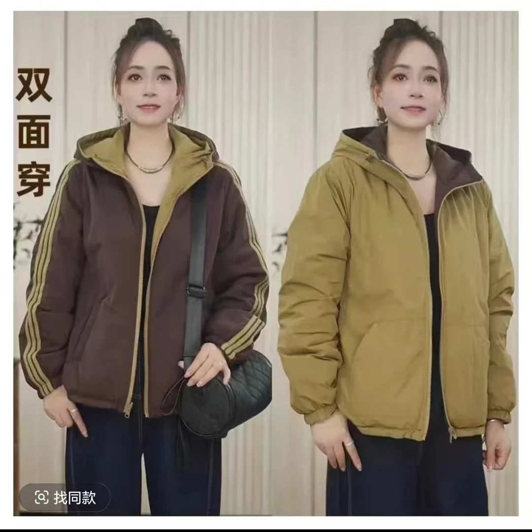 双面穿秋冬新款双面双穿侧拼条拉链宽松休闲百搭减龄连帽棉服外套