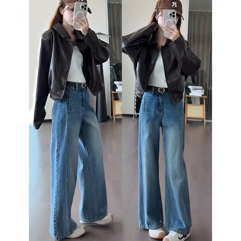 秋季新款2025显瘦高腰阔腿牛仔裤女宽松梨形百搭直筒裤子