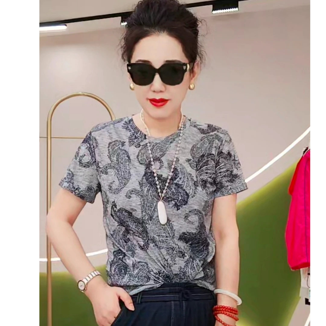 夏季新品女士短袖休闲T恤上衣女装时尚圆领百搭气质小衫25238