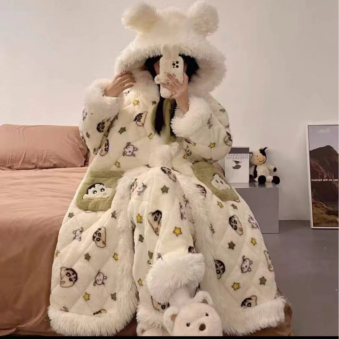 秋冬女夹棉珊瑚绒冬天睡袍长款加厚加绒2025新款