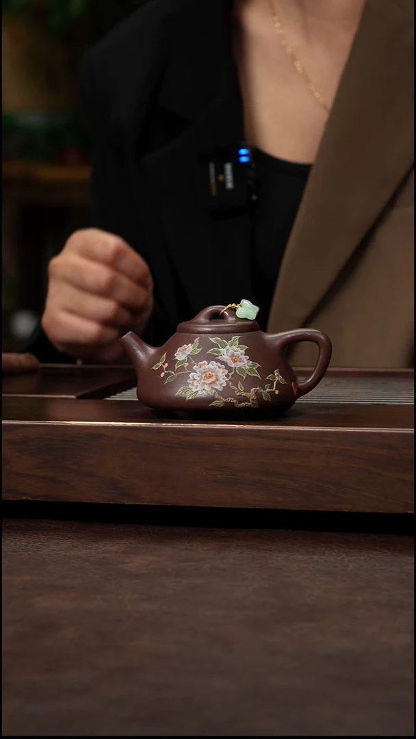 茶壶紫砂紫泥泥绘牡丹子冶石瓢130xcc左右