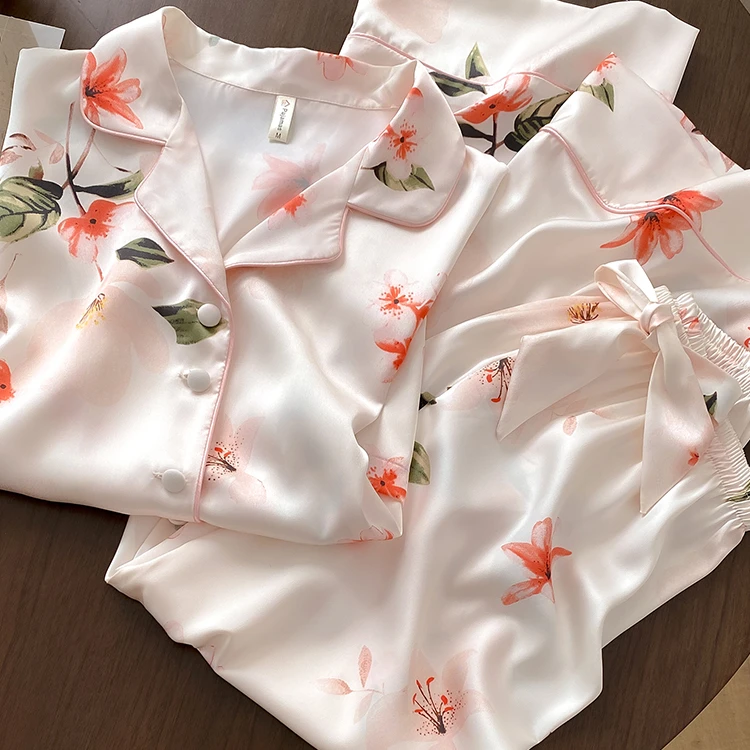 DRNL真丝睡衣女春秋季短袖两件套装桑蚕丝绸夏季新款可外穿家居服