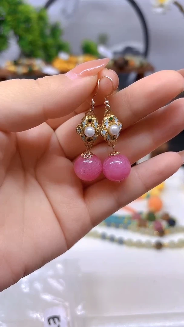 14K金镶嵌菱锰矿（红纹石）耳坠E798