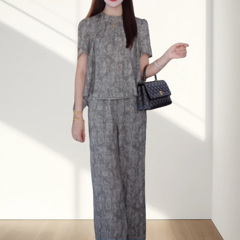 2025夏季新款时髦洋气短袖上衣阔腿裤套装休闲简约百搭显瘦两件套