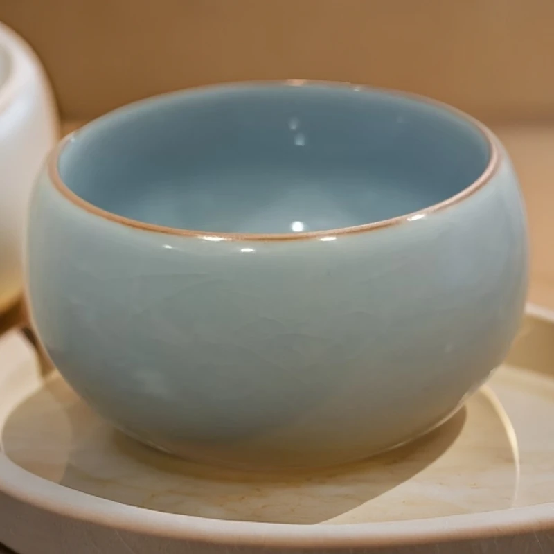 汝窑茶杯天青罗汉品茗杯陶瓷茶具家用客杯天青色大号主人杯罗汉杯