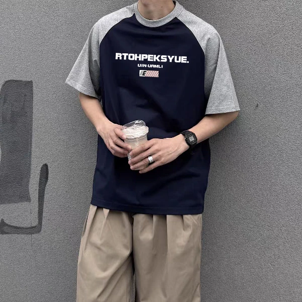 男士撞色拼接短袖T恤夏季美式宽松街头时尚印花圆领插肩袖t恤潮牌