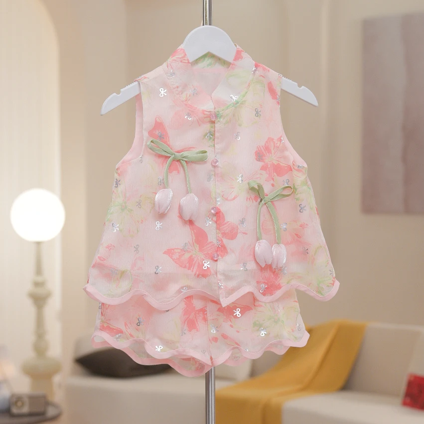 【静闻窗】女童无袖女碎花复古夏季童装套装薄款中国风旗袍S17356