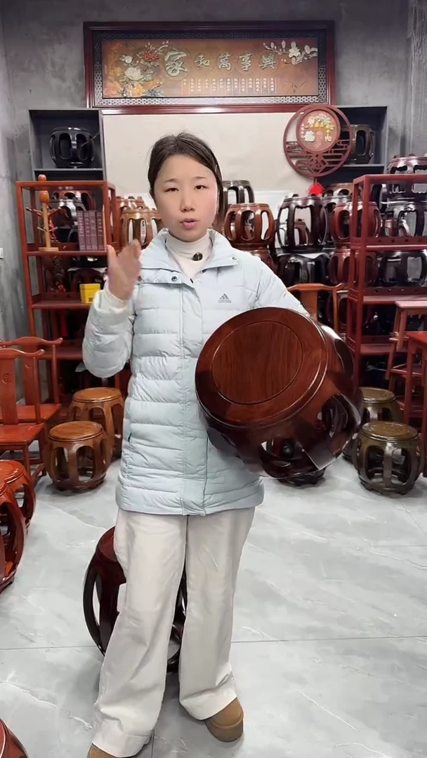 花梨木类家具胡桃色小号鼓凳一对（两条）