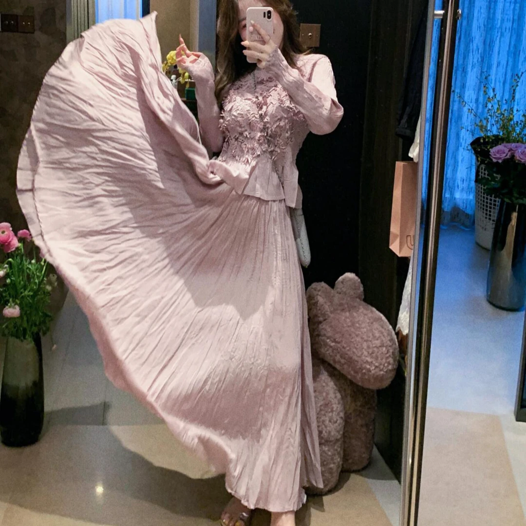 高级感手工堆花褶皱上衣半身裙两件套气质时尚套装女秋季新款