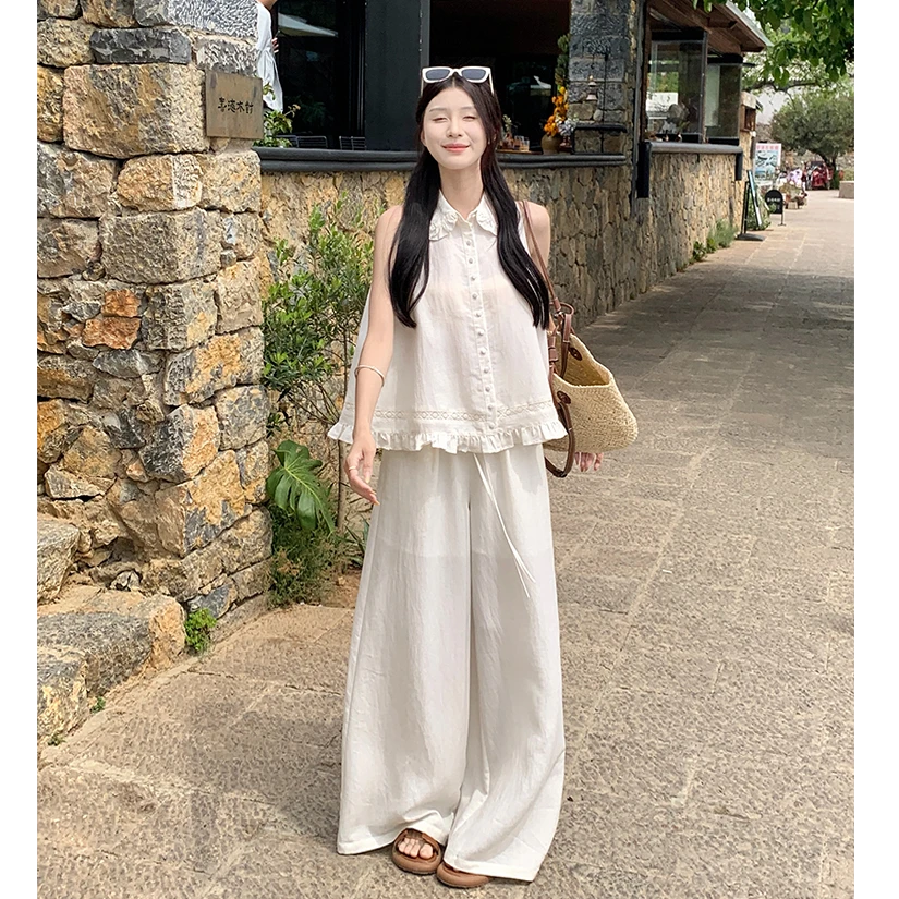 韩系chic重工花边宽松无袖衬衫阔腿休闲裤2025夏季新款时尚套装女