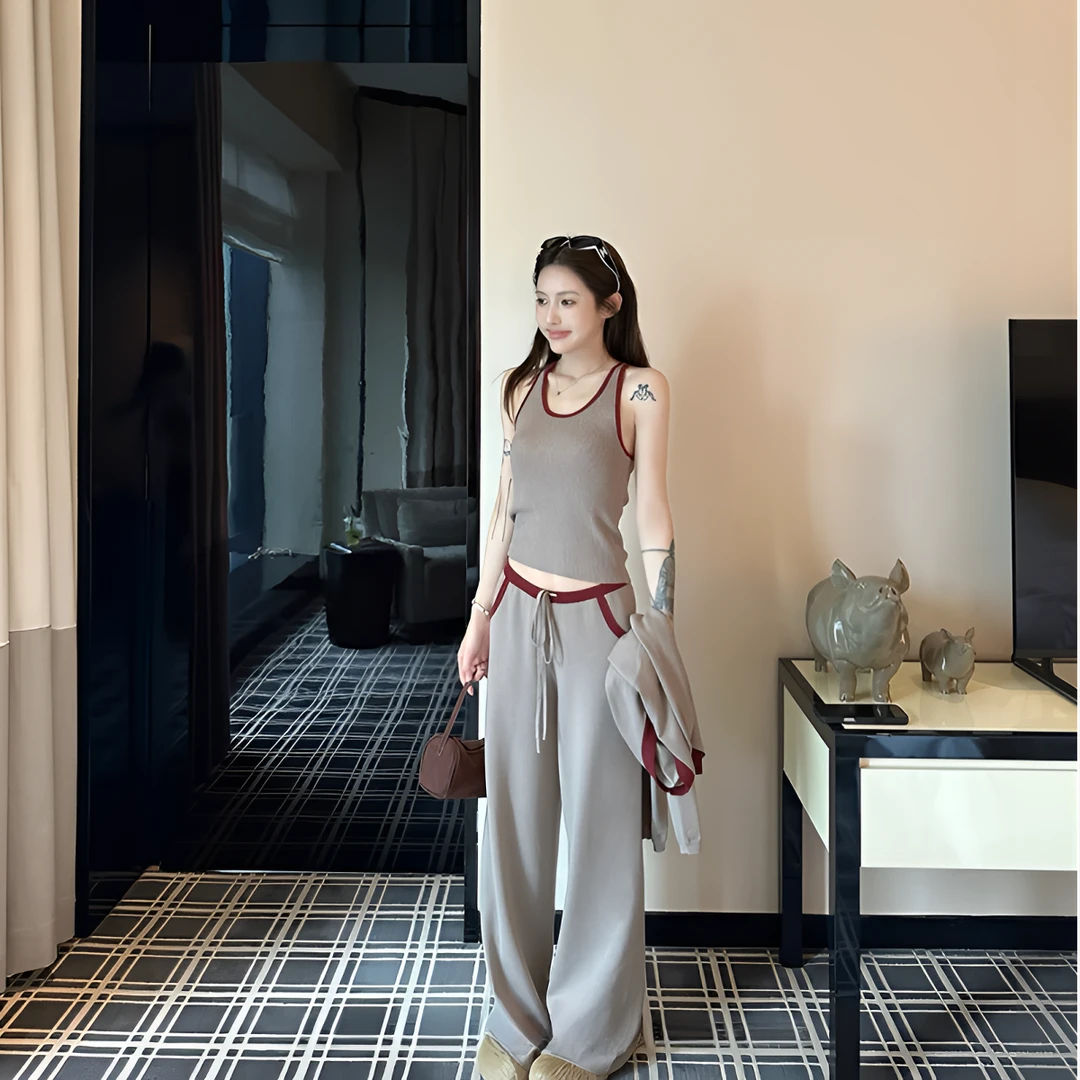韩系轻奢风撞色背心开衫休闲裤睡衣女秋冬季慵懒风可外穿三件套