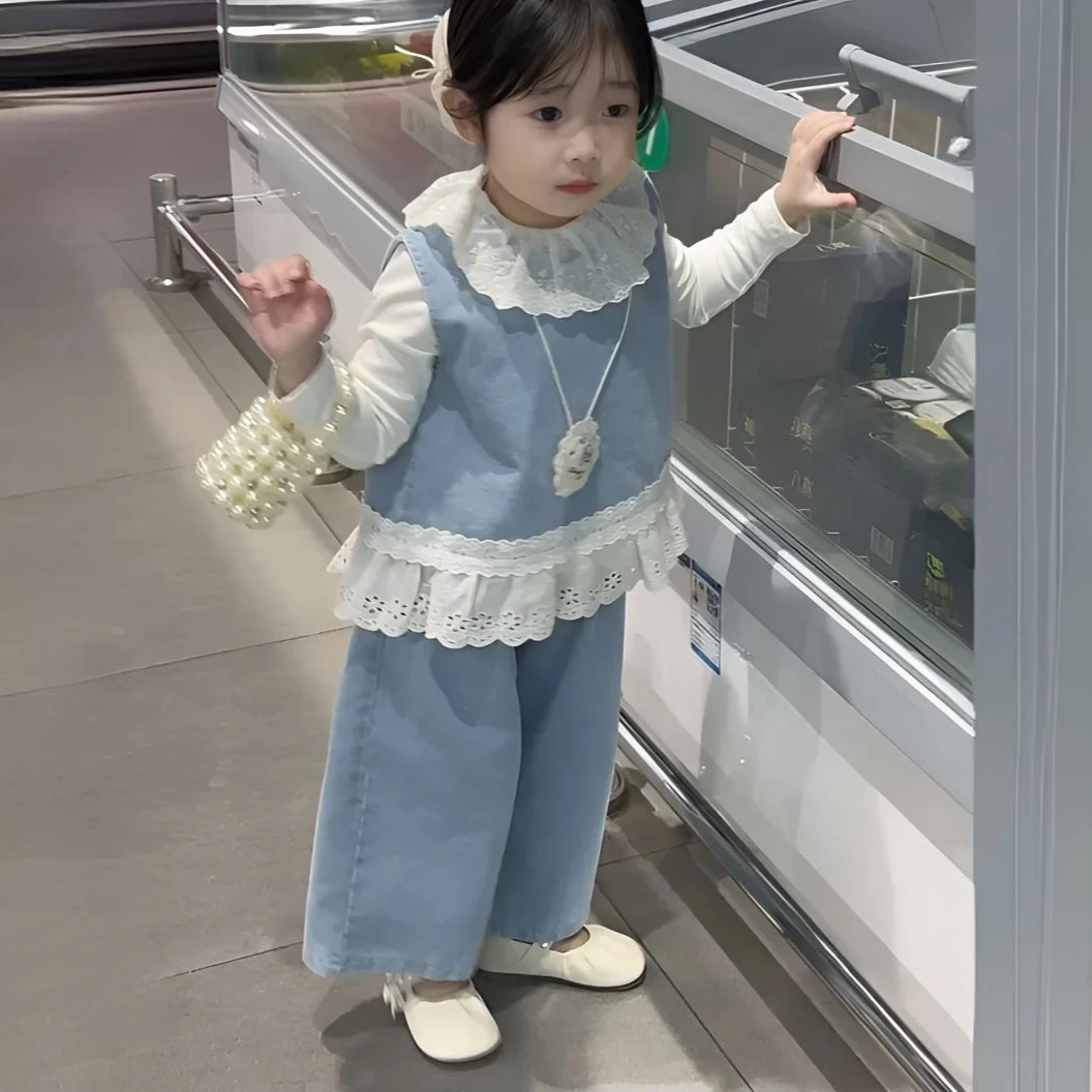 女童早秋韩系氛围感套装洋气时髦儿童蕾丝拼接马甲长袖上衣直筒裤