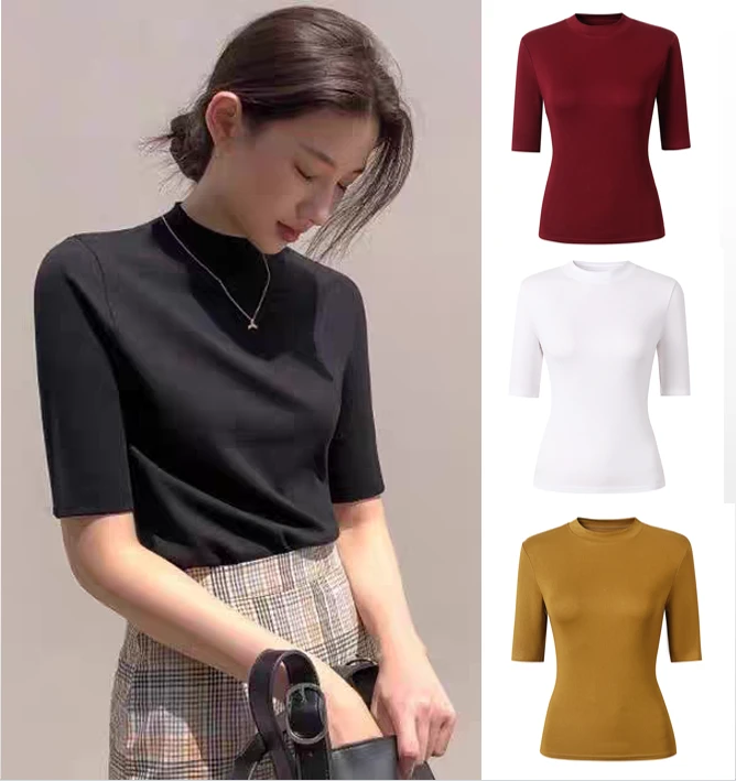 早秋小立领纯色T恤女中袖内搭正肩五分袖修身显瘦打底衫上衣3888
