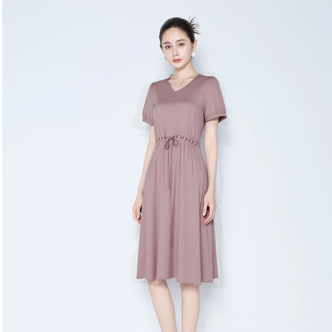 【粉丝专属】收腰显瘦圆领短袖修通勤百搭气质连衣裙VHSD11DRX0