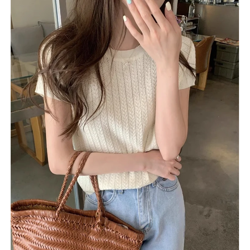 麻花镂空韩版针织衫短袖女夏季小个子女款短款圆领纯色上衣薄款