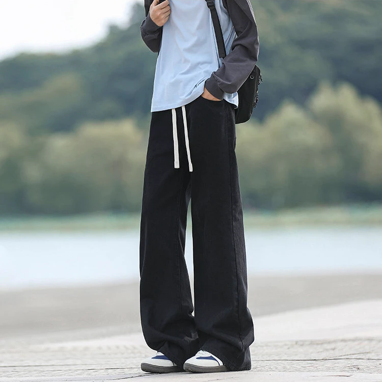 2025秋季新款美式复古高街男生休闲牛仔长裤直筒百搭宽松抽绳设计