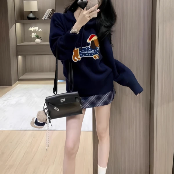 减龄小狗绣花连帽卫衣女秋冬韩系慵懒风美式休闲宽松百搭时尚外套