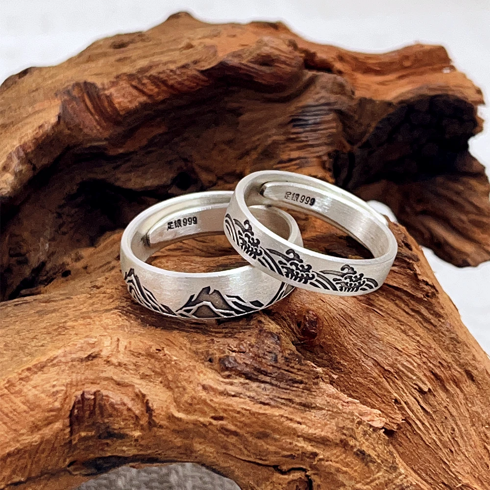 足银戒指 落霞银铺足银999山盟海誓戒指复古男女情侣对戒国风指环