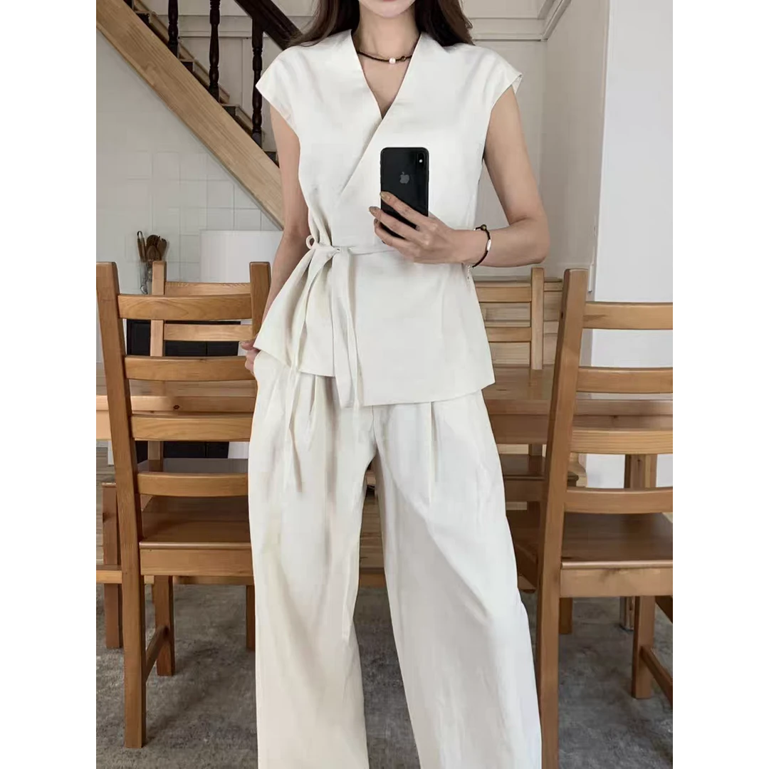 韩单 LEG*CY时尚气质V领无袖收腰马甲阔腿裤套装棉麻系带休闲百搭