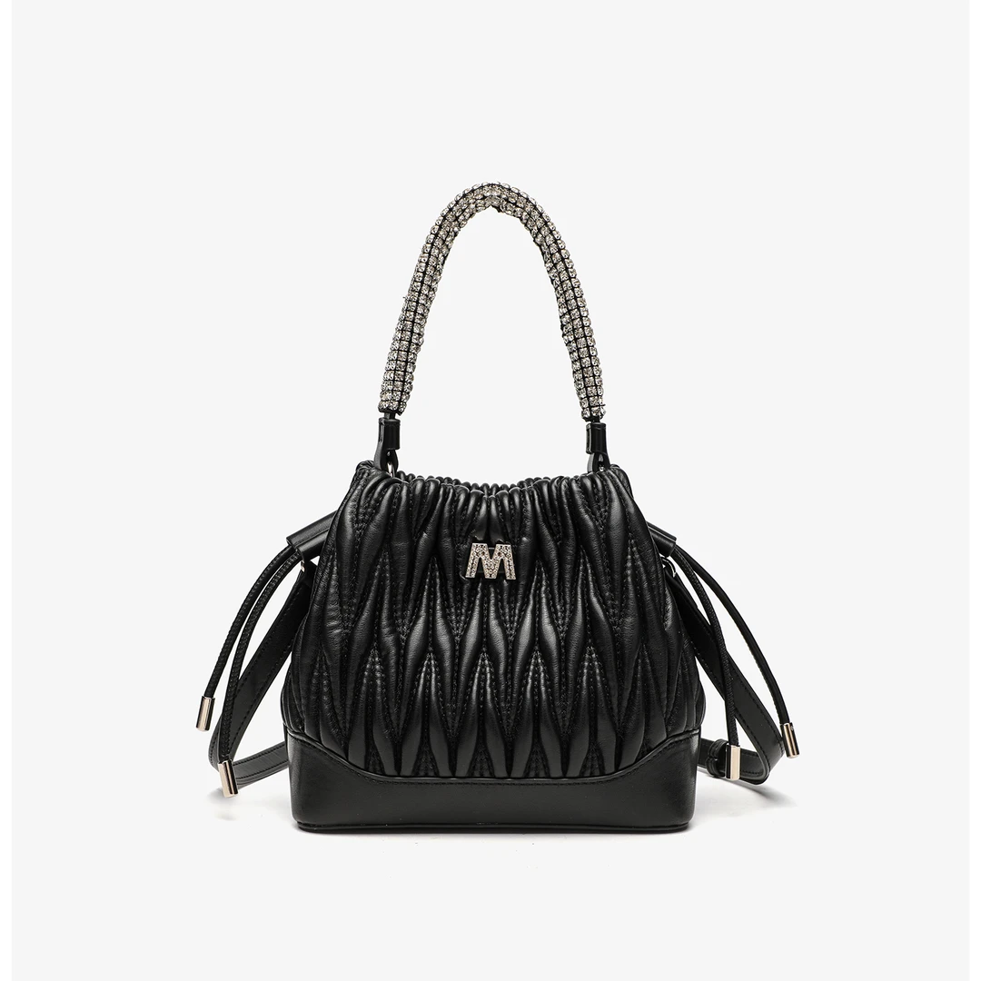 GELANNI镶钻褶皱水桶包GLN25243A黑色