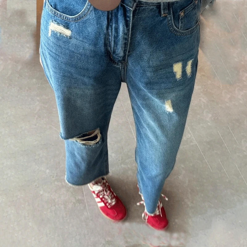 蓝色直筒破洞牛仔裤夏季薄款梨形身材高腰显瘦小个子九分阔腿裤子