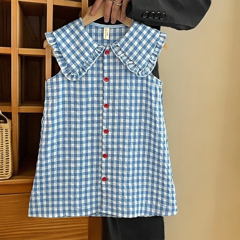 格子女童小童娃娃领吊带裙/背心裙夏季女韩版连衣裙宝宝翻领