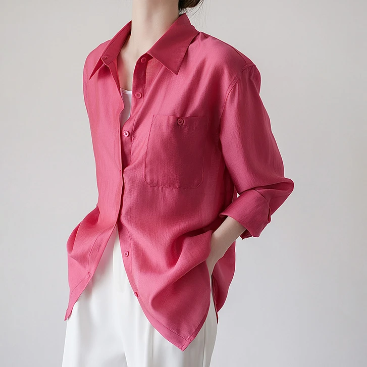太好看了~天丝轻薄显瘦气质衬衫女火龙果色洋气长袖宽松空调衫