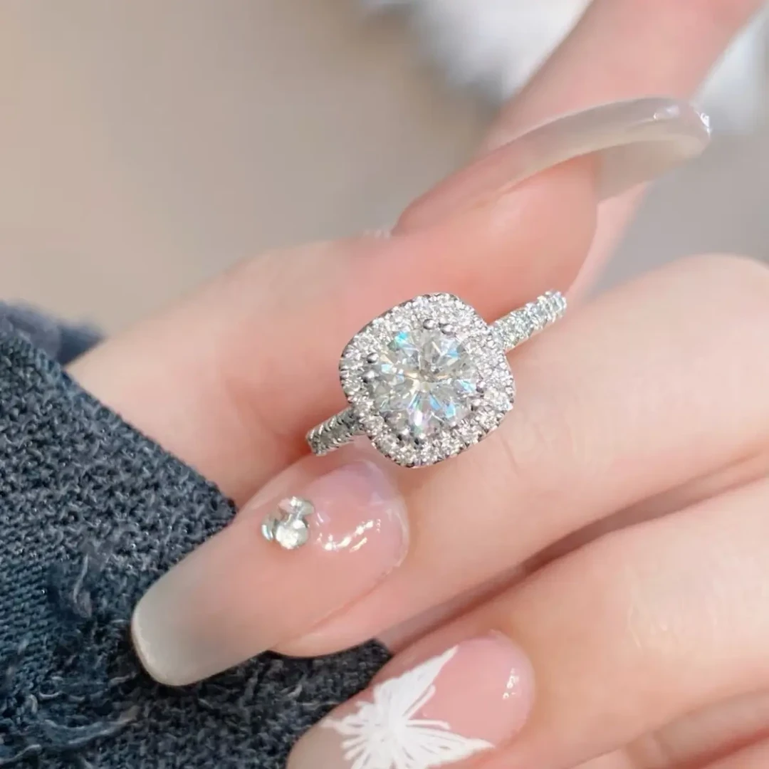 925银莫桑石戒指  925银 小方糖 正品时尚轻奢求婚女礼物D