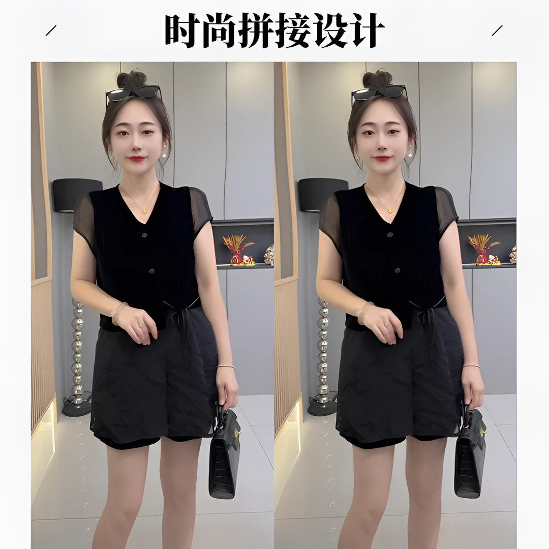 洋➕825夏季薄款v领时尚洋气百搭显瘦女套装