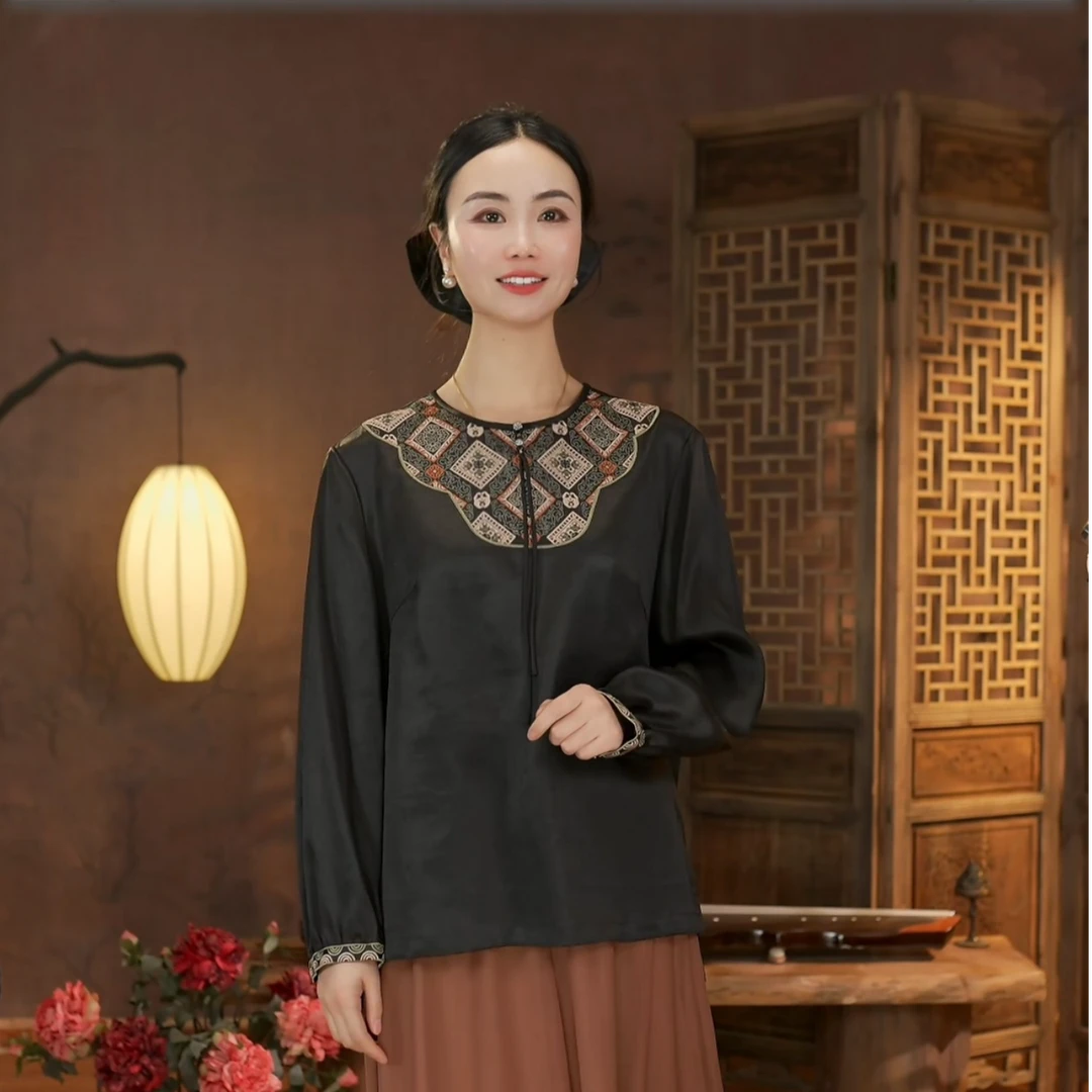 【东方婵韵】国风新中式刺绣小重锻香云纱桑蚕丝上衣  DFCY25543