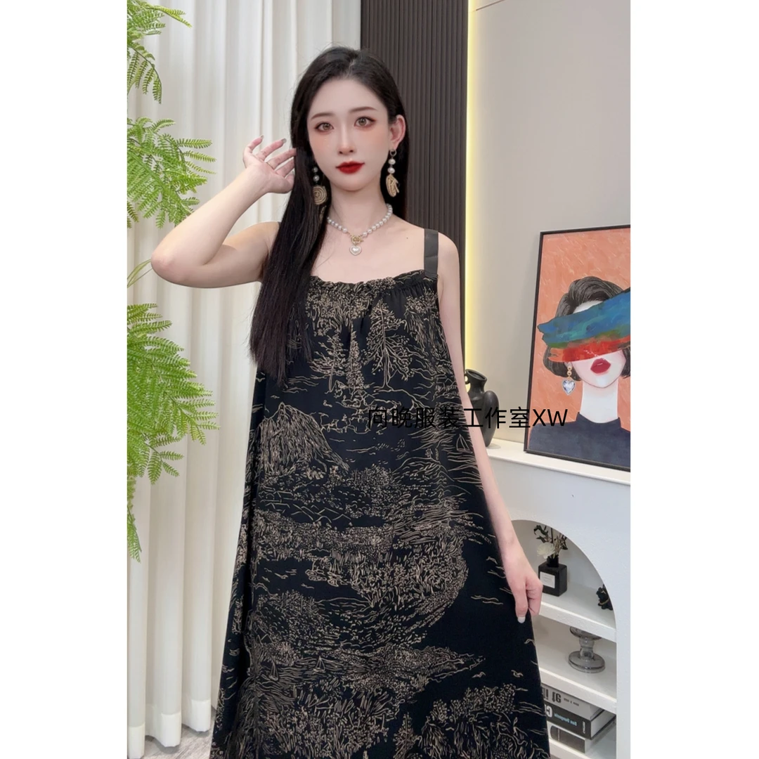【流金岁月】轻奢度假风印花吊带连衣裙女夏季新款时尚气质无袖长裙
