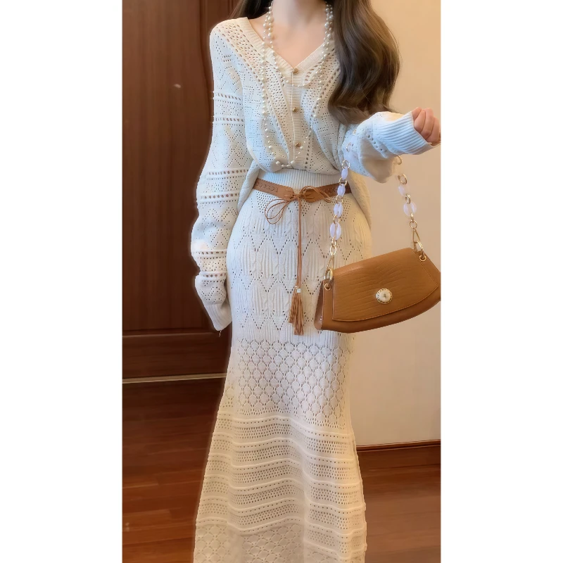 秋季法式高级设计感镂空针织开衫外套&半身裙时尚两件套装裙9737