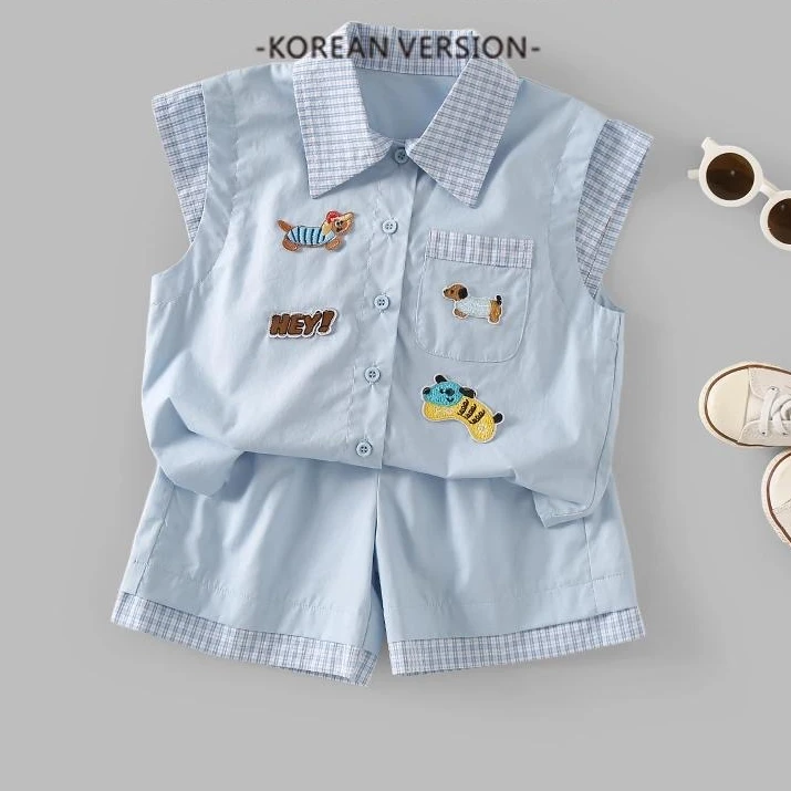 男童无袖衬衫套装2025新款格子拼接领短袖夏季韩版休闲短裤两件套