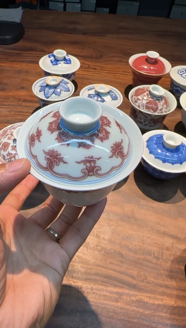 二亭 釉里红 如意忍冬纹 二才盖碗