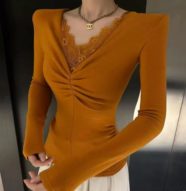 2025纯欲磨毛加绒V领蕾丝上衣褶皱修身显瘦长袖内搭打底衫T恤上衣